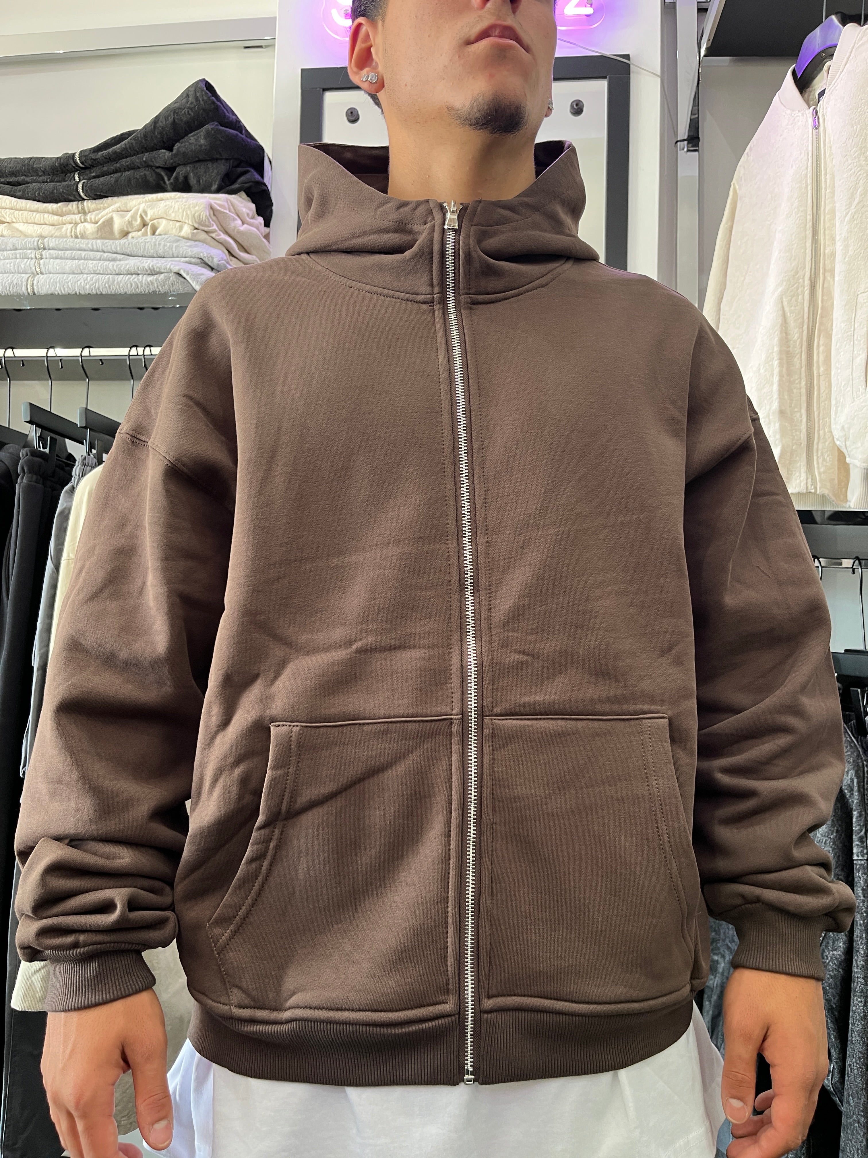 FELPA ZIP CAPPUCCIO MARRONE