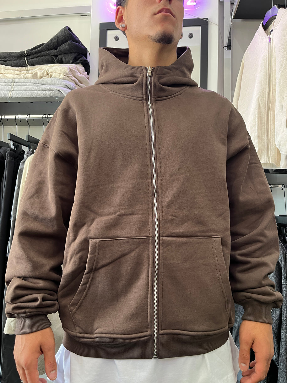 FELPA ZIP CAPPUCCIO MARRONE