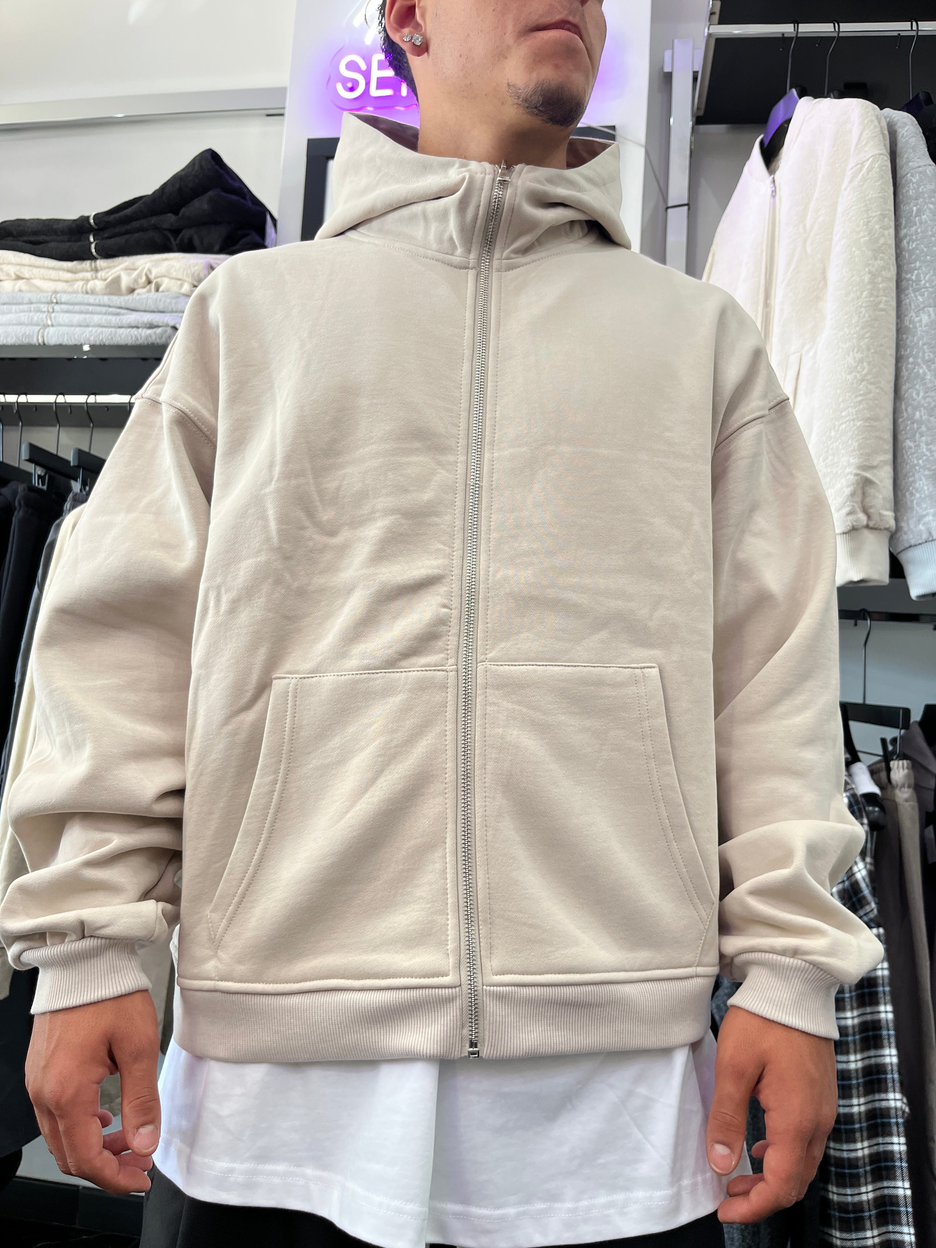 FELPA ZIP CAPPUCCIO BEIGE